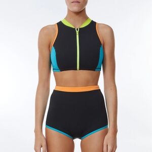 Free People Contour Zip Crop, Swim Top Only. Size M, Coral Crush